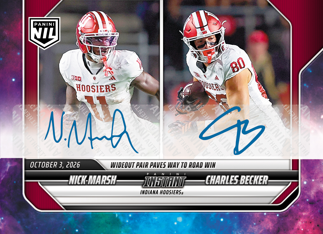 Detailed Image of Nick Marsh/Charles Becker - 2026 Panini Instant NIL College Football #5-IND - Galaxy 1/1 Auto