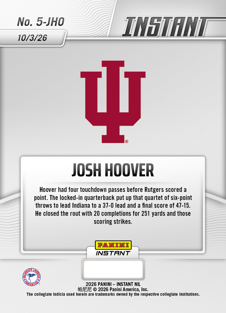 Product thumbnail image 2 of Josh Hoover - 2026 Panini Instant NIL College Football #5-JHO - Base Card 25-pack