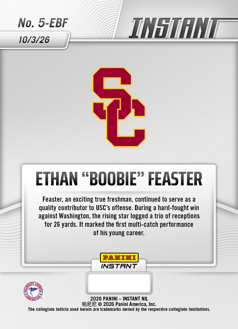 Product thumbnail image 2 of Ethan "Boobie" Feaster - 2026 Panini Instant NIL College Football #5-EBF - Base Card 25-pack