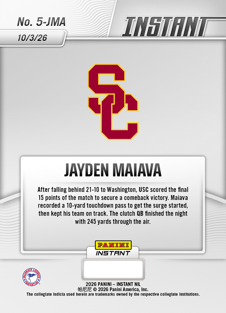 Product thumbnail image 2 of Jayden Maiava - 2026 Panini NIL College Football #5-JMA - Base Card 25-pack