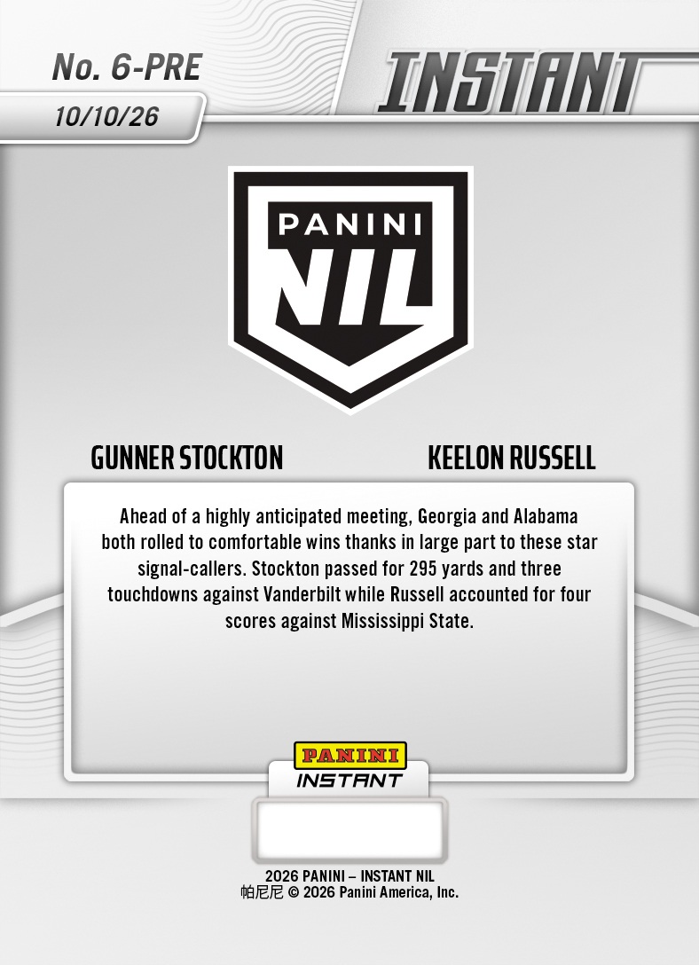 Product thumbnail image 2 of Gunner Stockton/Keelon Russell - 2026 Panini Instant NIL College Football #6-PRE - Base Card 5-pack
