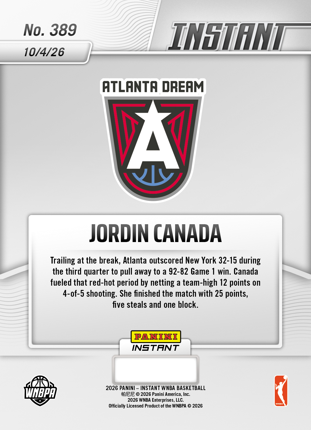 Product thumbnail image 2 of Jordin Canada - 2026 Panini Instant WNBA #389 - Base Card 5-pack