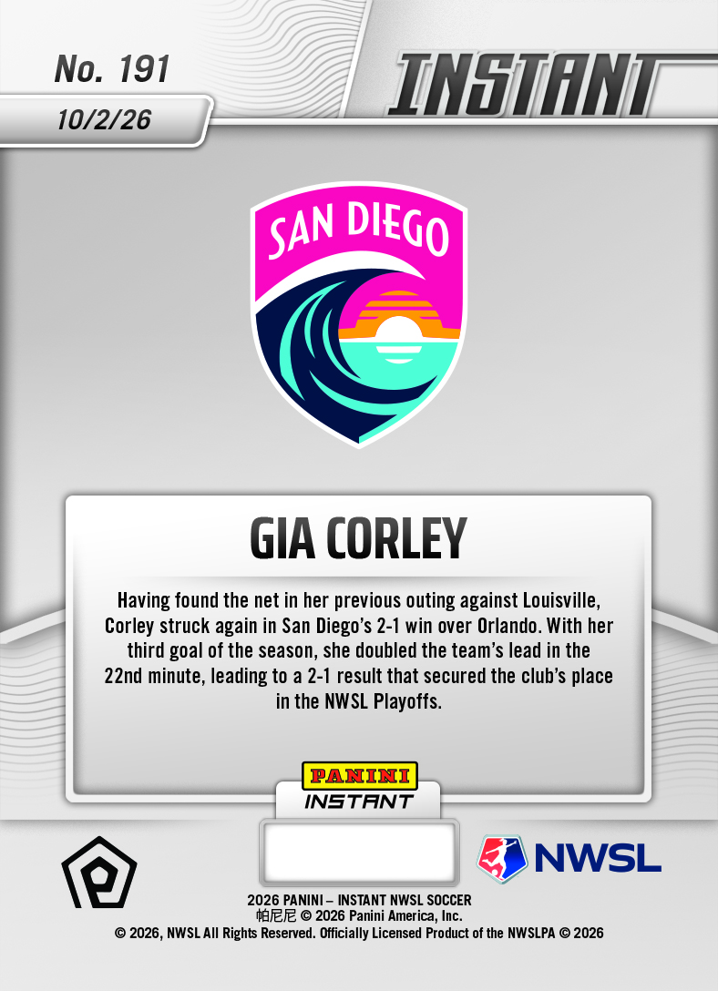 Product thumbnail image 2 of Gia Corley - 2026 Panini Instant NWSL #191 - Base Card 25-pack