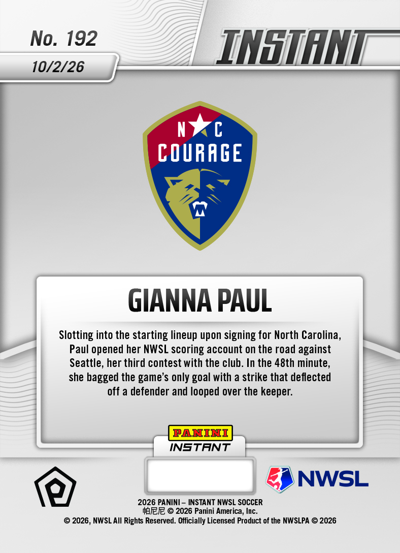 Product thumbnail image 2 of Gianna Paul - 2026 Panini Instant NWSL #192 - Base Card 5-pack