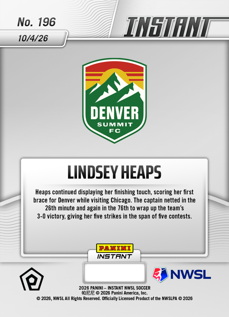 Product thumbnail image 2 of Lindsey Heaps - 2026 Panini Instant NWSL #196 - Base Card 5-pack