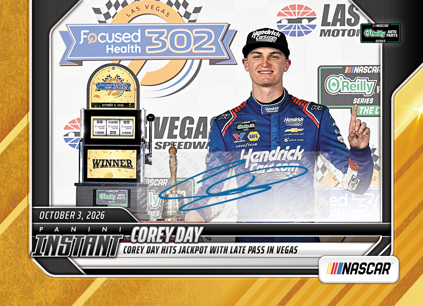 Detailed Image of Corey Day - 2026 Panini Instant NASCAR #89 - Gold /10 Auto