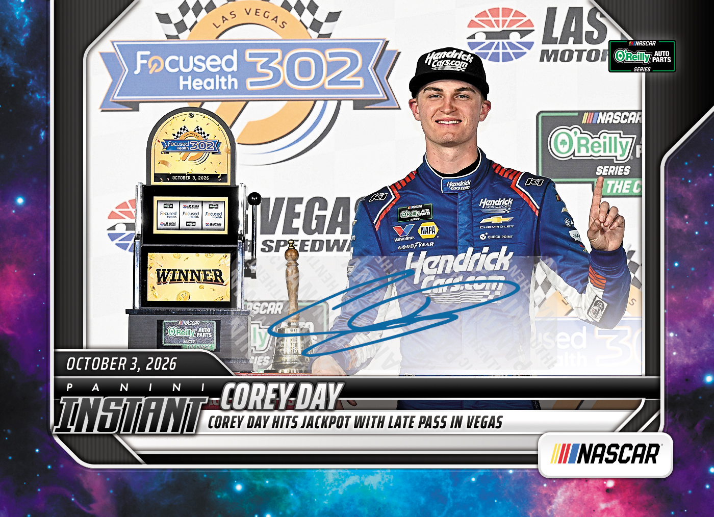 Detailed Image of Corey Day - 2026 Panini Instant NASCAR #89 - Galaxy 1/1 Auto