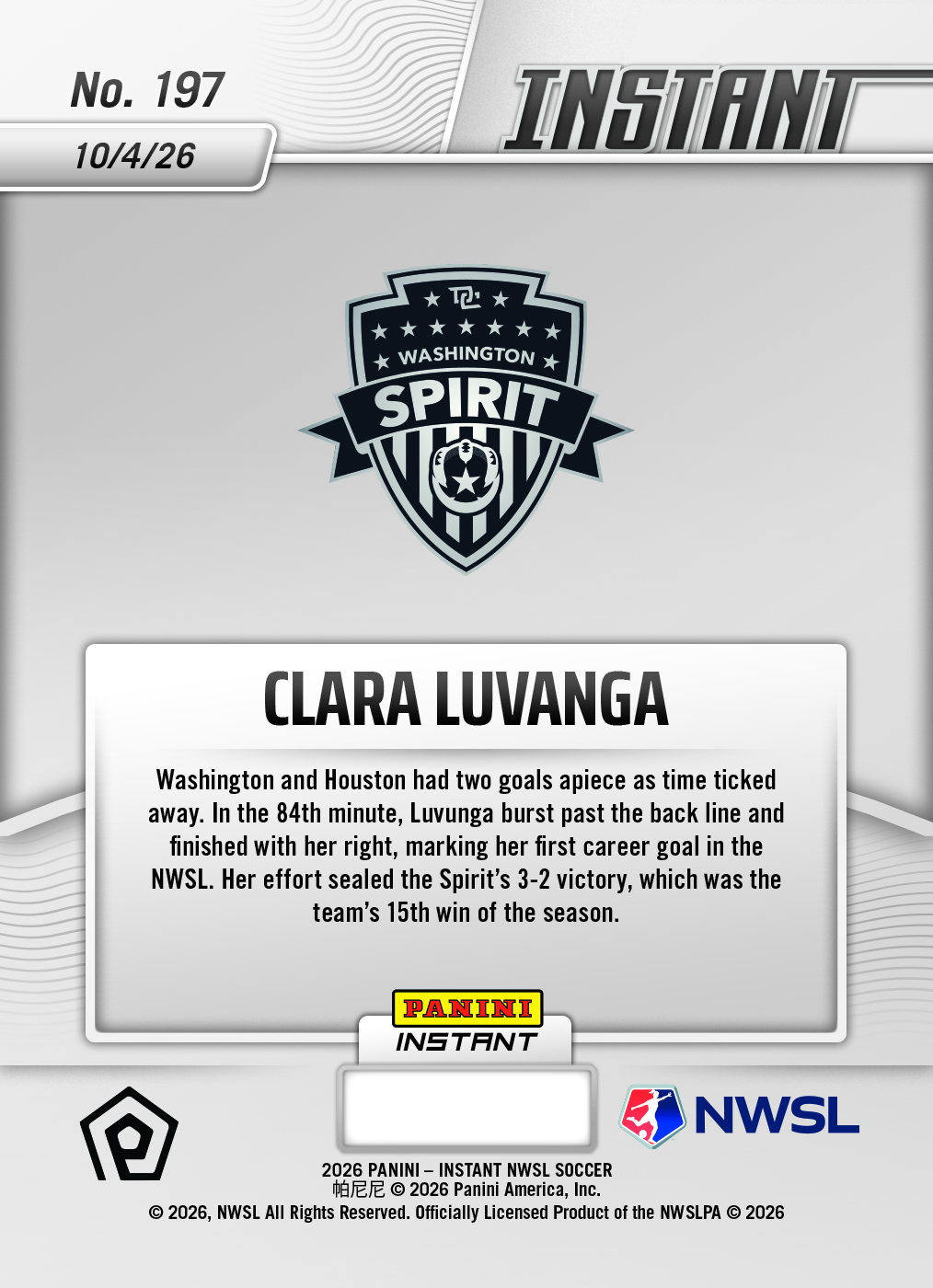 Product thumbnail image 2 of Clara Luvanga - 2026 Panini Instant NWSL #197 - Base Card 5-pack