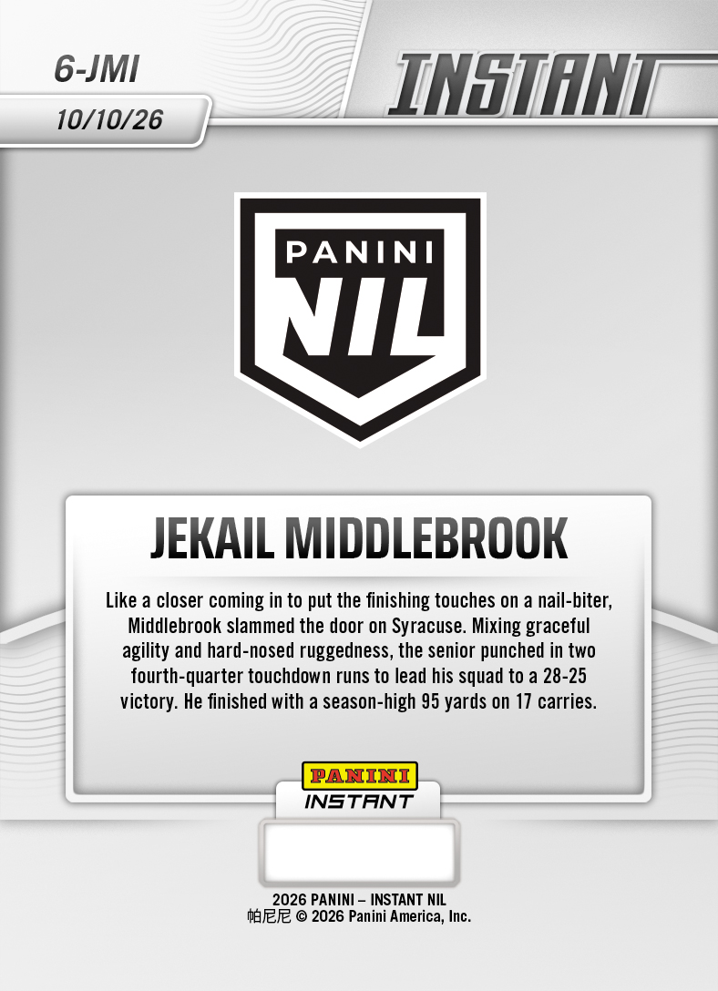 Product thumbnail image 2 of Jekail Middlebrook - 2026 Panini Instant NIL College Football #6-JMI - Base Card 25-pack