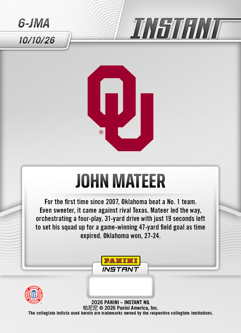 Product thumbnail image 2 of John Mateer - 2026 Panini Instant NIL College Football #6-JMA - Base Card 25-pack