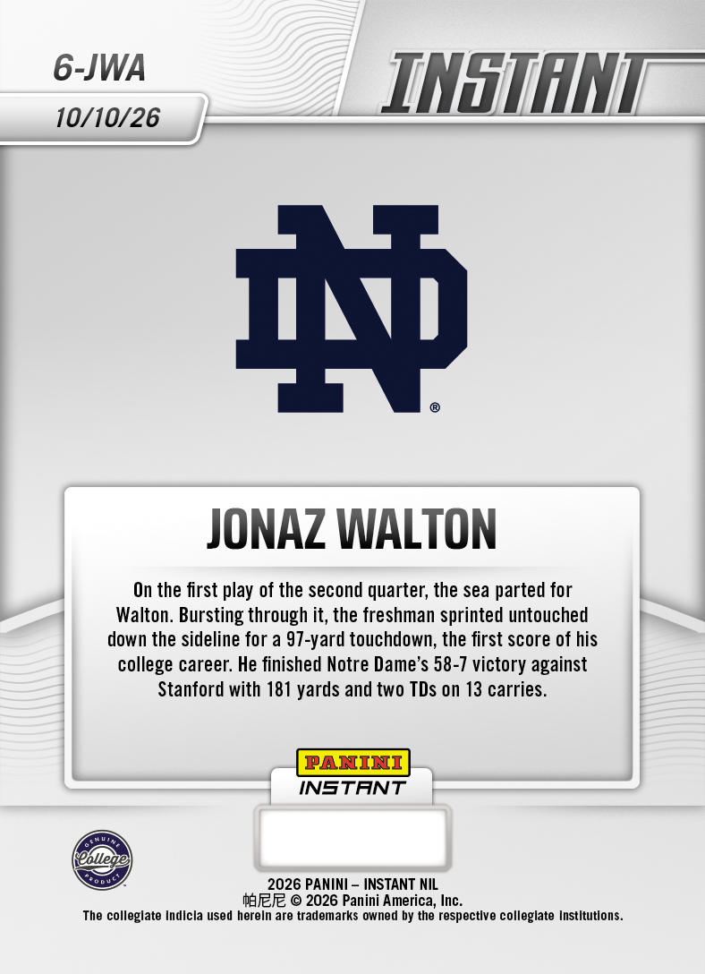 Product thumbnail image 2 of Jonaz Walton - 2026 Panini Instant NIL College Football #6-JWA - Base Card 25-pack
