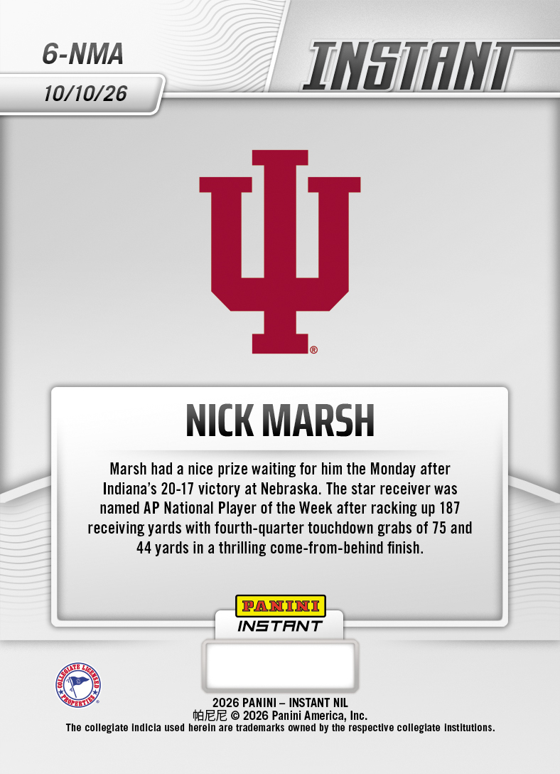 Product thumbnail image 2 of Nick Marsh - 2026 Panini Instant NIL College Football #6-NMA - Base Card 25-pack