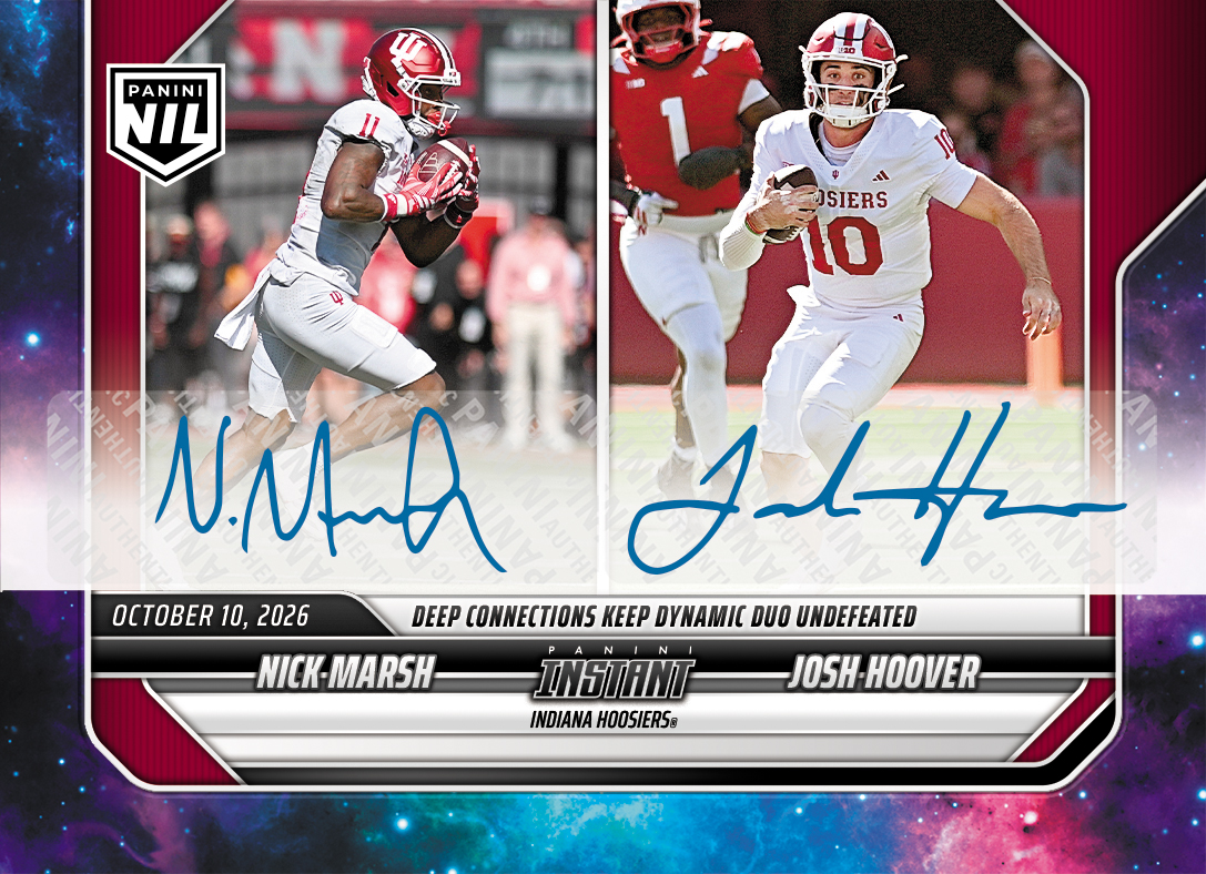 Detailed Image of Nick Marsh/Josh Hoover - 2026 Panini Instant NIL College Football #6-IU - Galaxy 1/1 Auto