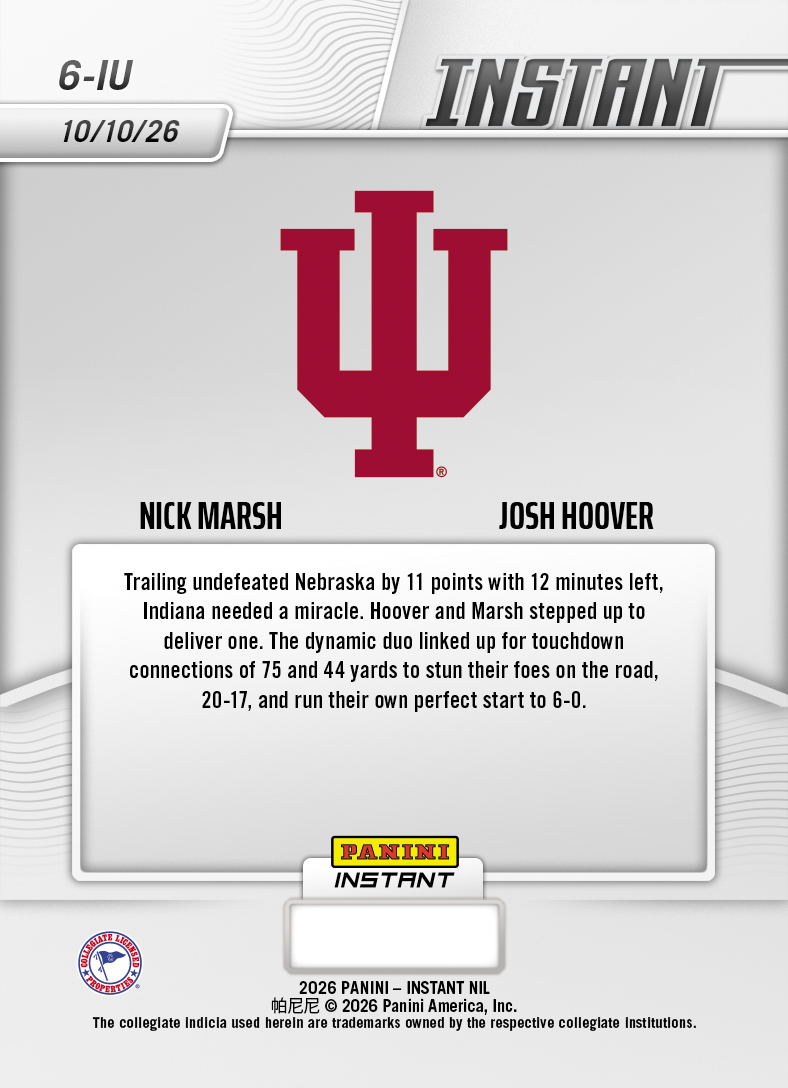 Product thumbnail image 2 of Nick Marsh/Josh Hoover - 2026 Panini Instant NIL College Football #6-IU - Base Card 25-pack