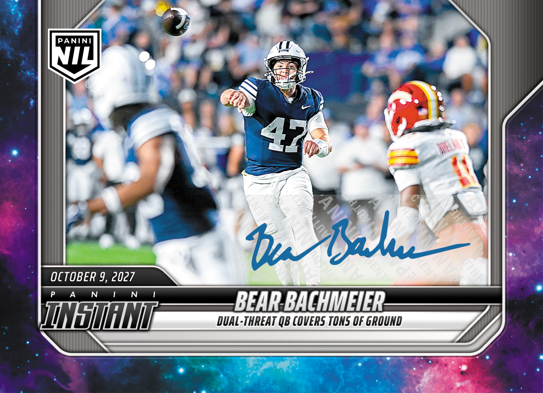 Detailed Image of Bear Bachmeier - 2026 Panini Instant NIL College Football #6-BBA - Galaxy 1/1 Auto