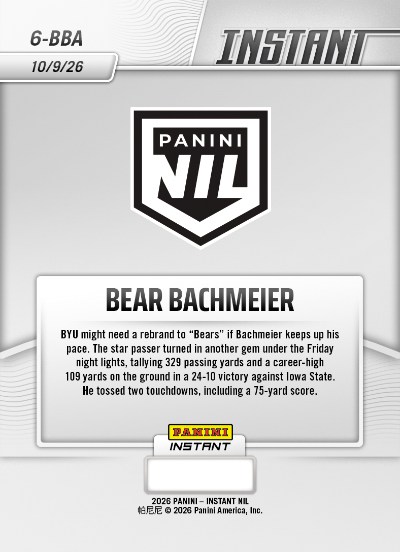 Product thumbnail image 2 of Bear Bachmeier - 2026 Panini Instant NIL College Football #6-BBA - Base Card 25-pack
