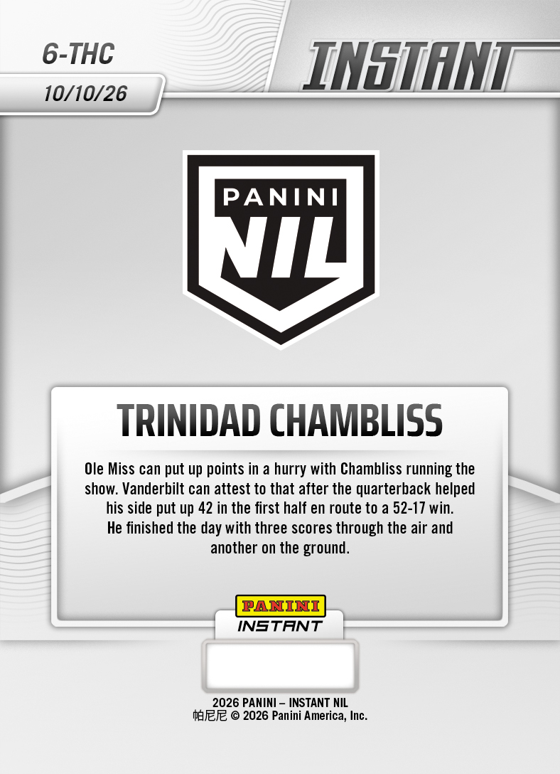 Product thumbnail image 2 of Trinidad Chambliss - 2026 Panini Instant NIL College Football #6-TCH - Base Card 5-pack