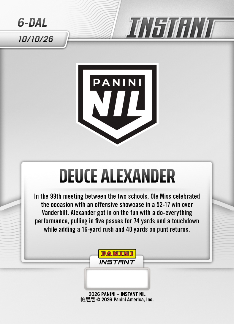 Product thumbnail image 2 of Deuce Alexander - 2026 Panini Instant NIL College Football #6-DAL - Base /49 Auto
