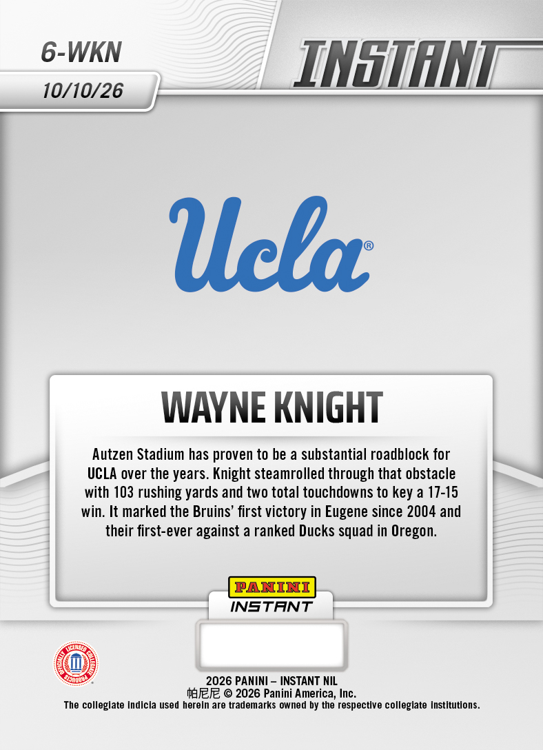 Product thumbnail image 2 of Wayne Knight - 2026 Panini Instant NIL College Football #6-WKN - Base Card 5-pack
