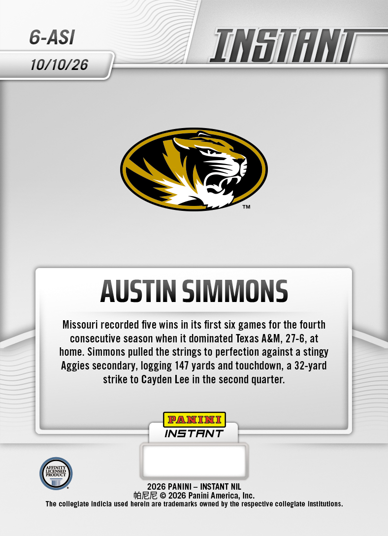 Product thumbnail image 2 of Austin Simmons - 2026 Panini Instant NIL College Football #6-ASI - Base Card 10-pack