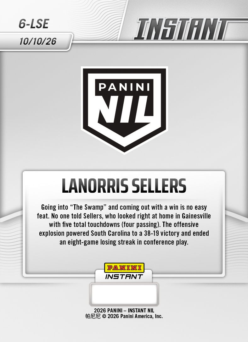 Product thumbnail image 2 of LaNorris Sellers - 2026 Panini Instant NIL College Football #6-LSE - Base Card 5-pack