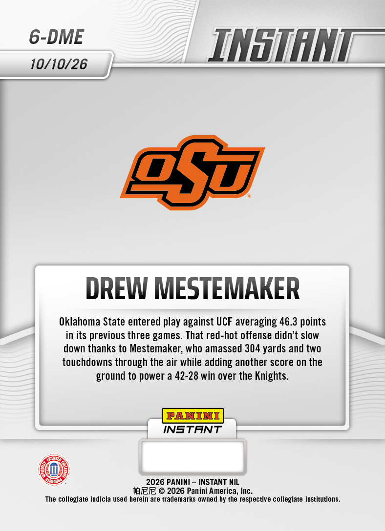 Product thumbnail image 2 of Drew Mestemaker - 2026 Panini Instant NIL College Football #6-DME - Base Card 25-pack