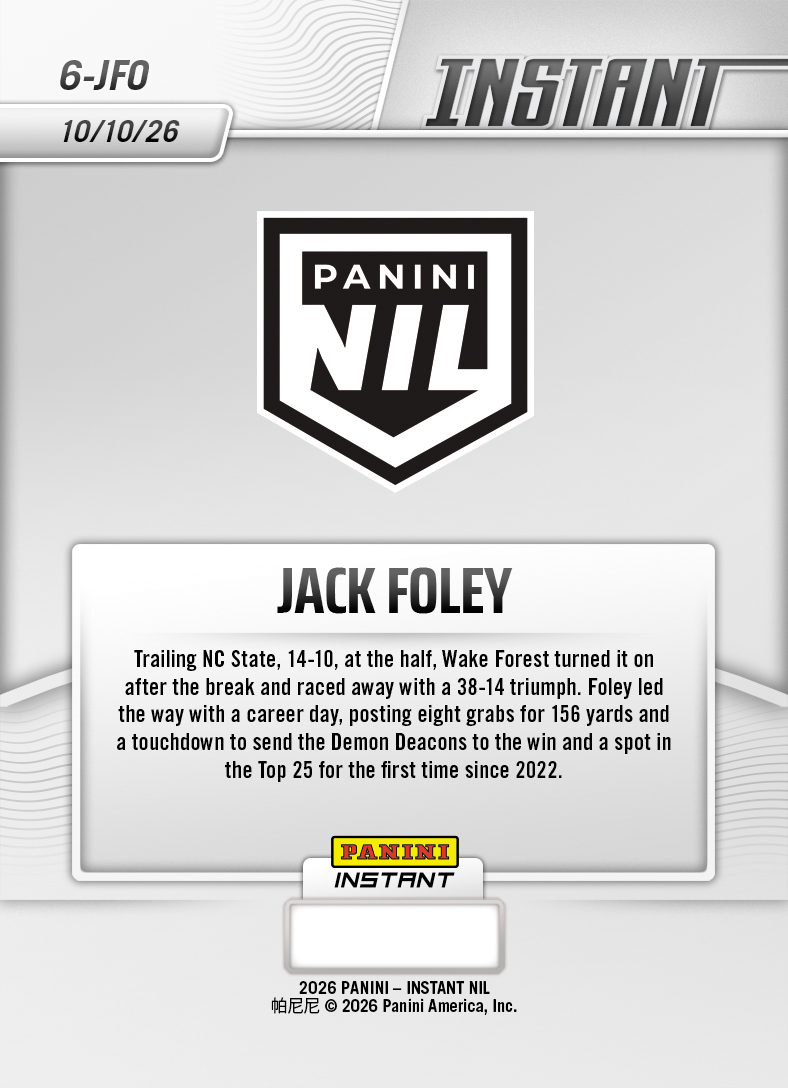Product thumbnail image 2 of Jack Foley - 2026 Panini Instant NIL College Football #6-JFO - Base Card 5-pack