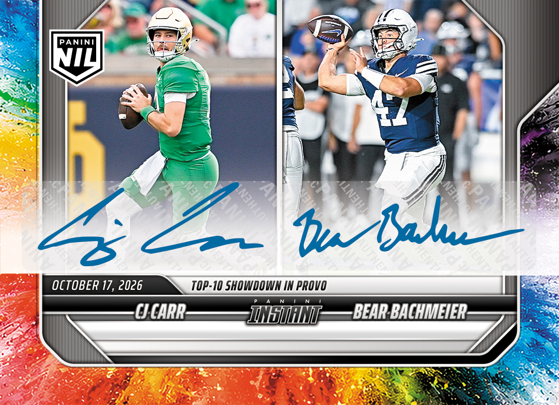 Detailed Image of CJ Carr/Bear Bachmeier - 2026 Panini Instant NIL College Football #7-PRE2 - Color Blast /10 Auto