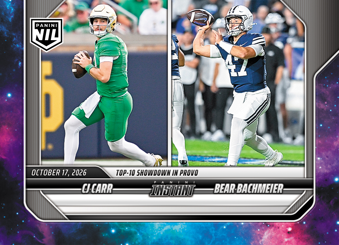 Detailed Image of CJ Carr/Bear Bachmeier - 2026 Panini Instant NIL College Football #7-PRE2 - Galaxy 1/1
