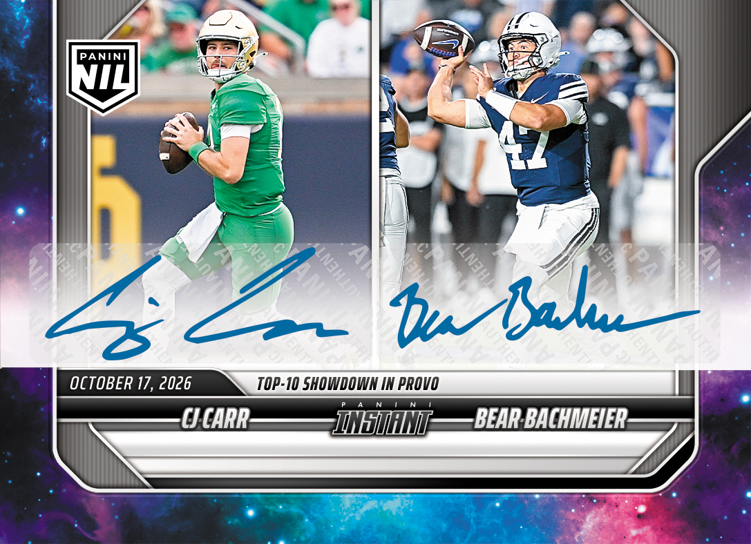 Detailed Image of CJ Carr/Bear Bachmeier - 2026 Panini Instant NIL College Football #7-PRE2 - Galaxy 1/1 Auto