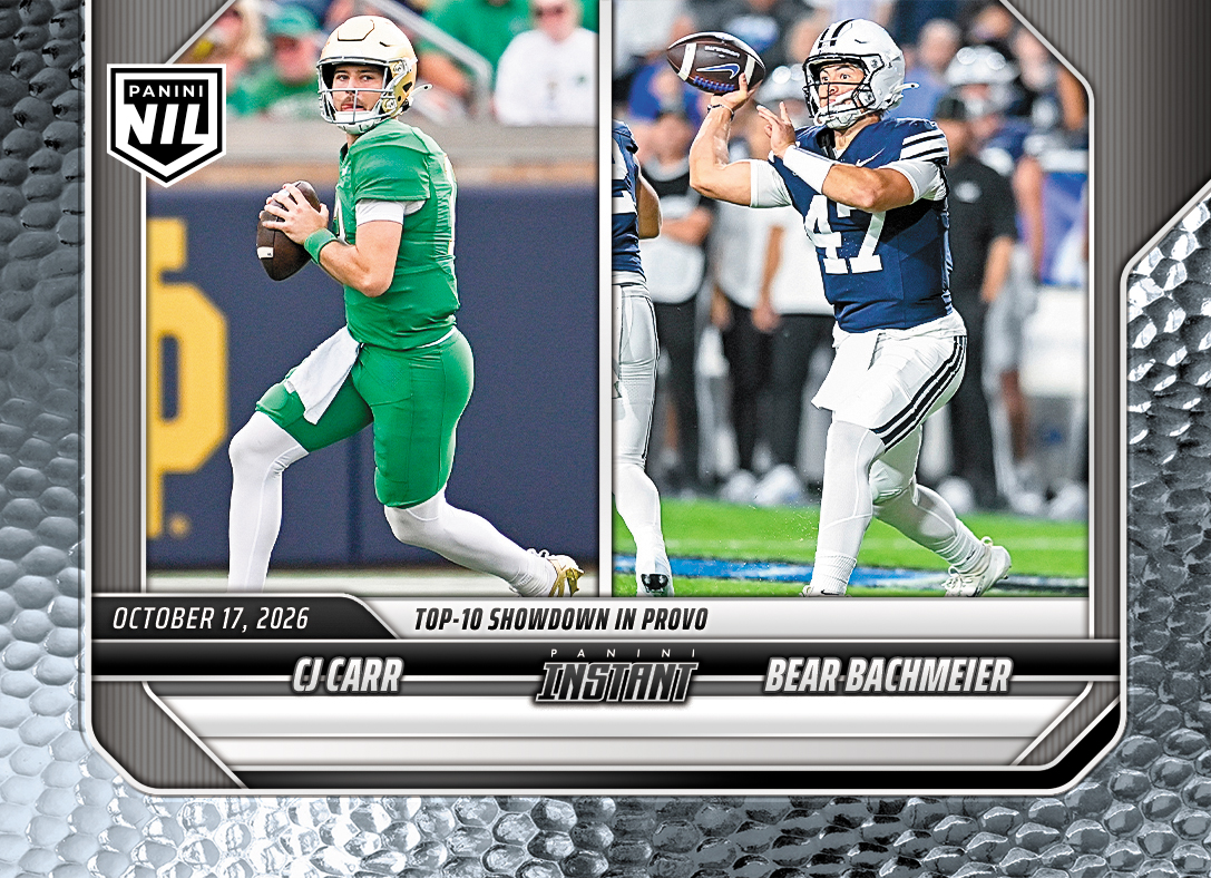 Detailed Image of CJ Carr/Bear Bachmeier - 2026 Panini Instant NIL College Football #7-PRE2 - Metallic /5