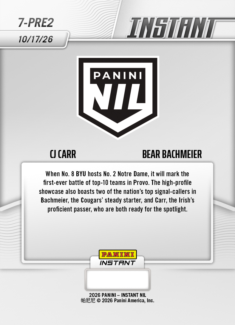 Product thumbnail image 2 of CJ Carr/Bear Bachmeier - 2026 Panini Instant NIL College Football #7-PRE2 - Base Card 10-pack