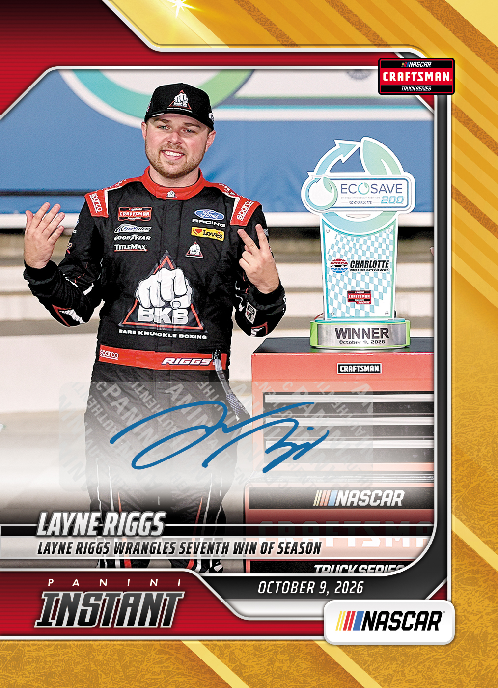 Detailed Image of Layne Riggs - 2026 Panini Instant NASCAR #92 - Gold /10 Auto