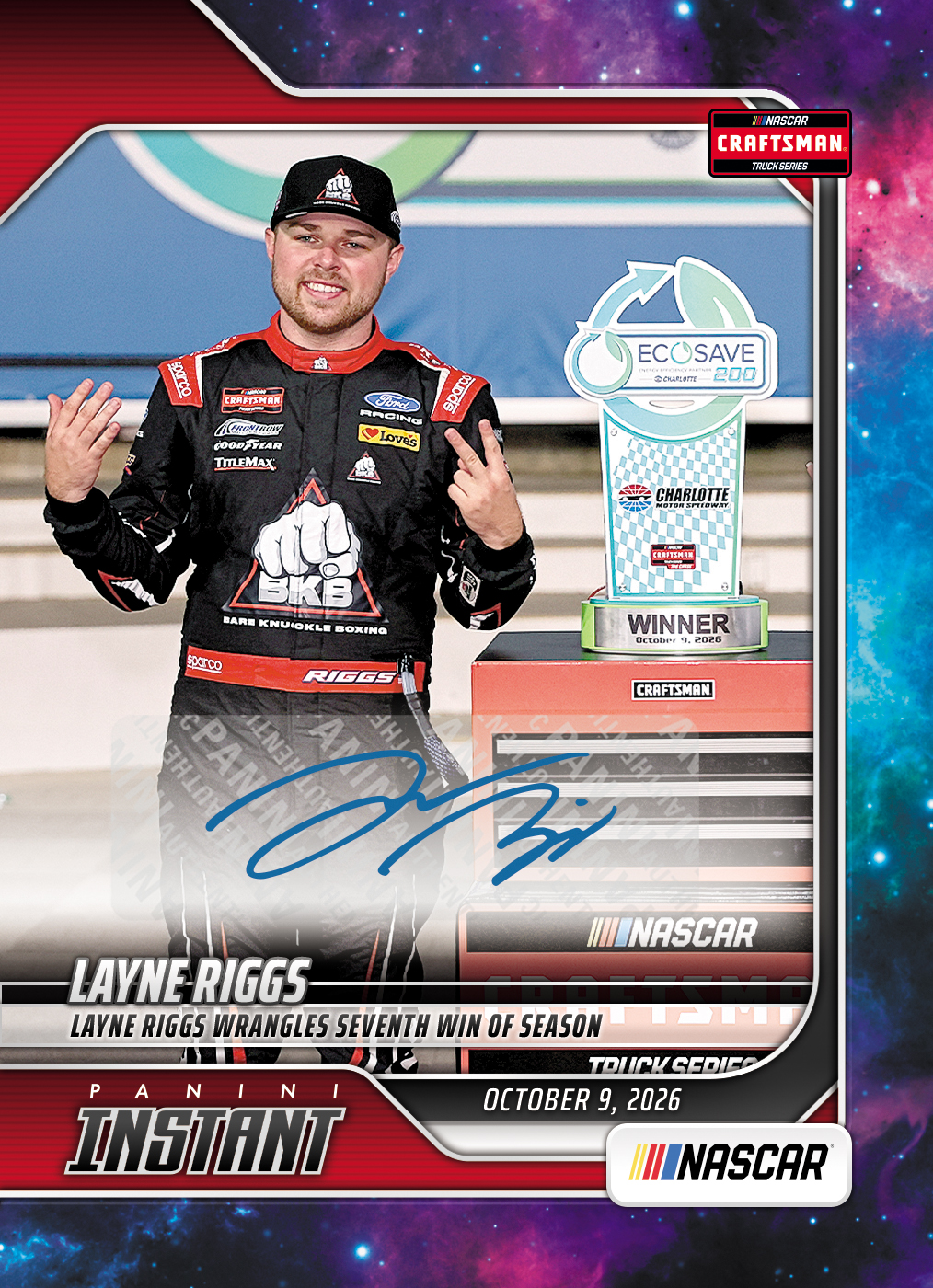 Detailed Image of Layne Riggs - 2026 Panini Instant NASCAR #92 - Galaxy 1/1 Auto