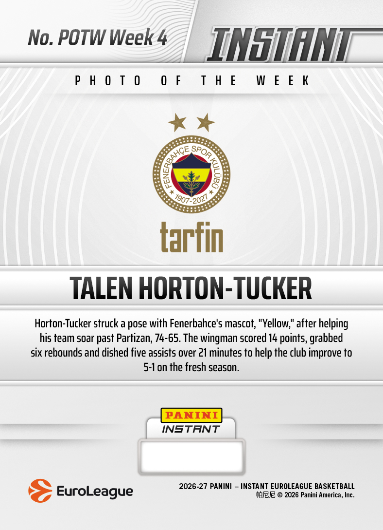 Product thumbnail image 2 of Talen Horton-Tucker - 2026-27 Panini Instant EuroLeague Photo of the Week #4 - Base Card 10-pack