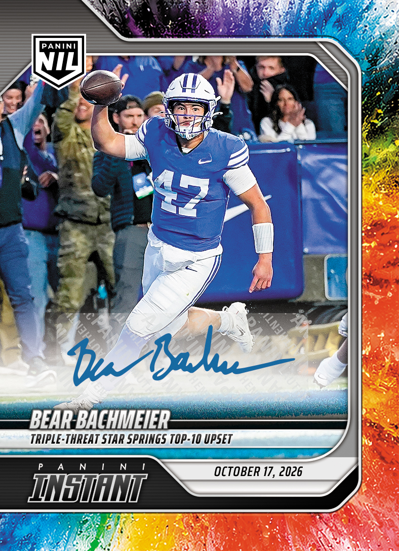 Detailed Image of Bear Bachmeier - 2026 Panini Instant NIL College Football #7-BEA - Color Blast /10 Auto