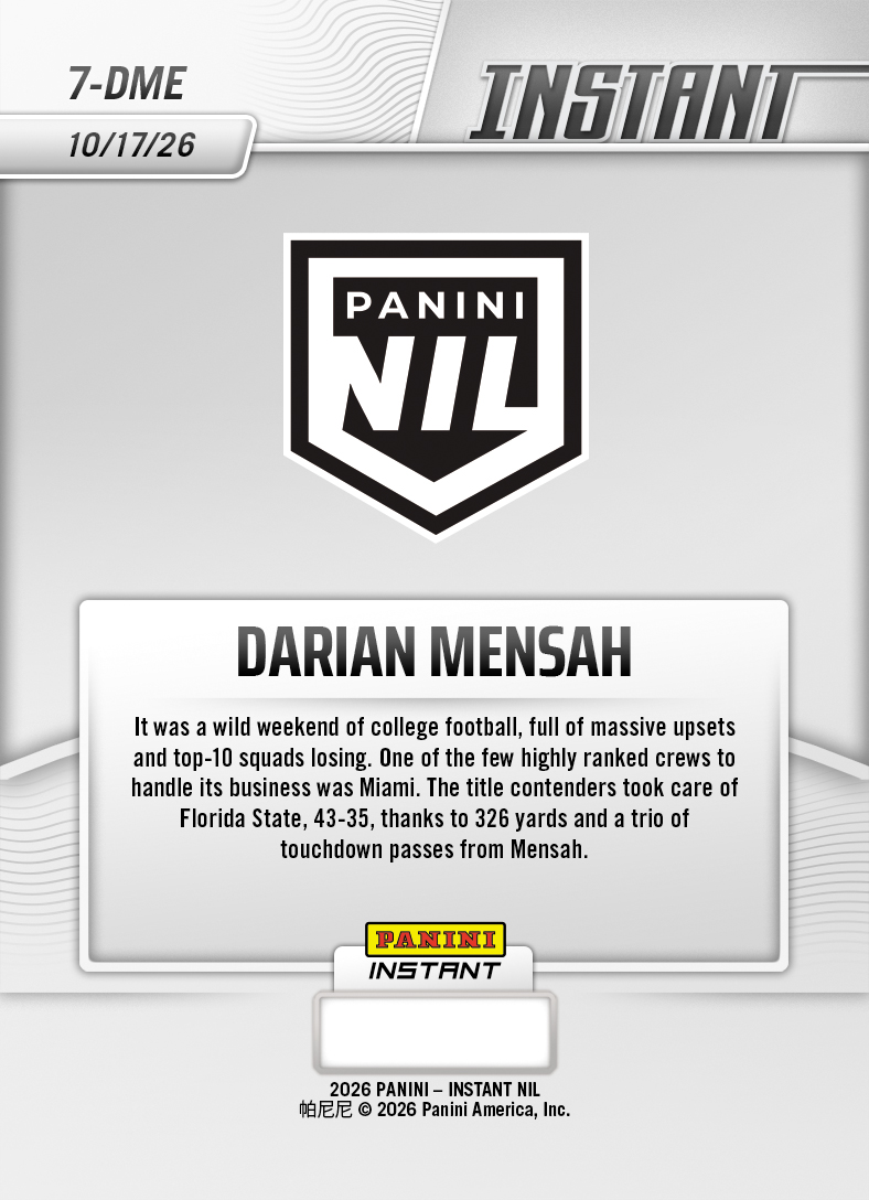 Product thumbnail image 2 of Darian Mensah - 2026 Panini Instant NIL College Football #7-DME - Base Card 25-pack