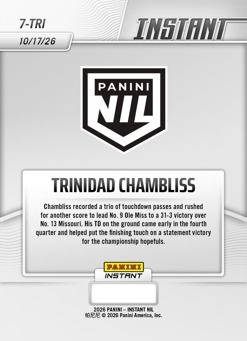 Product thumbnail image 2 of Trinidad Chambliss - 2026 Panini Instant NIL College Football #7-TRI - Base Card 10-pack