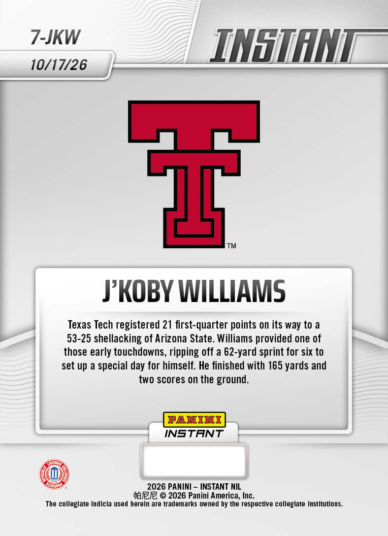 Product thumbnail image 2 of J'Koby Williams - 2026 Panini NIL College Football #7-JKW - Base Card 5-pack