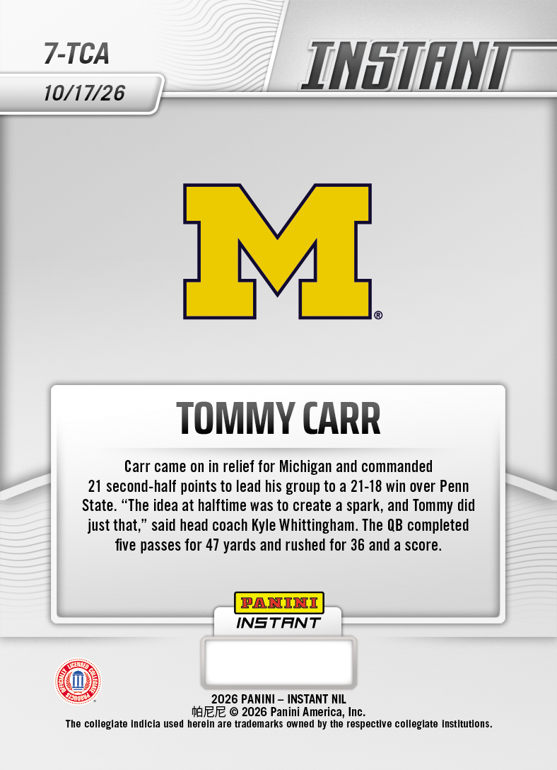 Product thumbnail image 2 of Tommy Carr - 2026 Panini NIL College Football #7-TCA - Base Card 10-pack