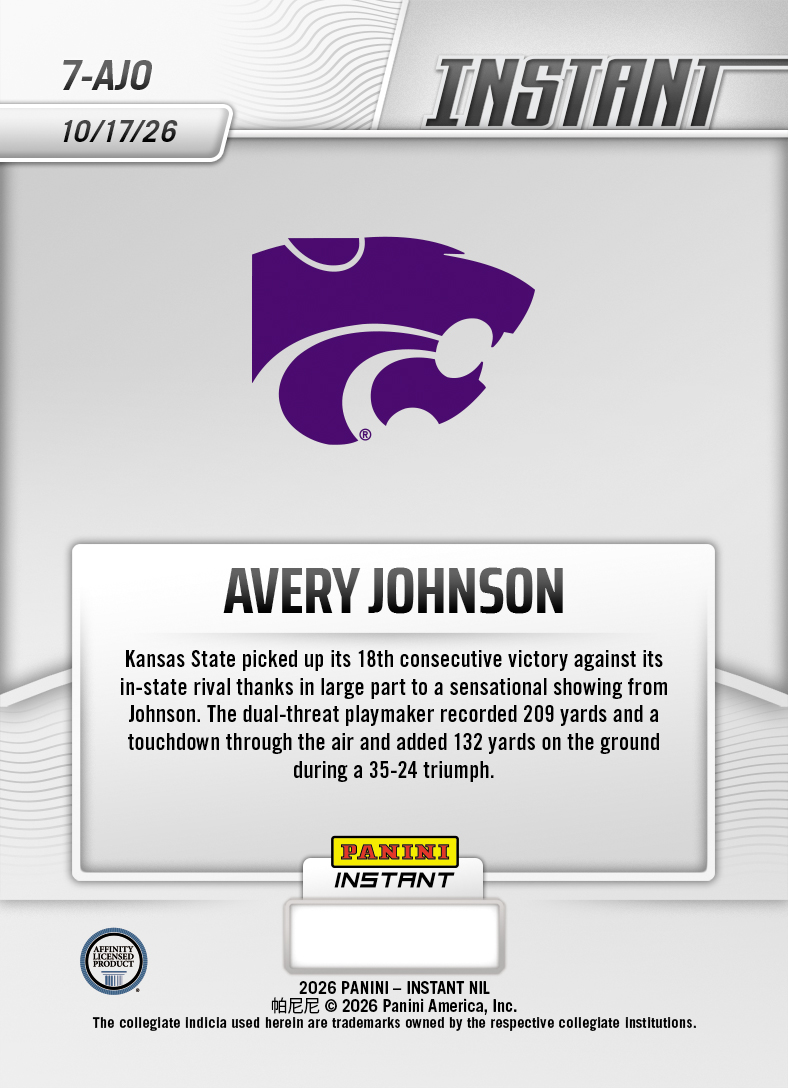 Product thumbnail image 2 of Avery Johnson - 2026 Panini Instant NIL College Football #7-AJO - Base Card 25-pack
