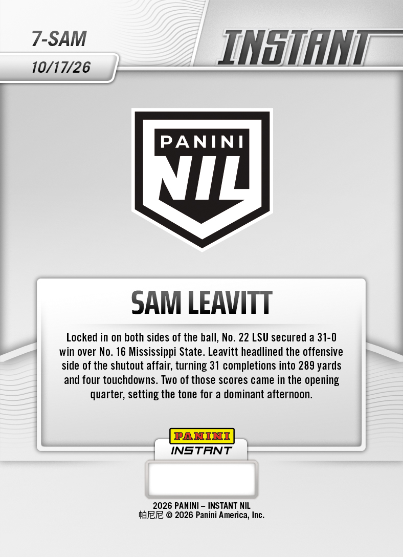 Product thumbnail image 2 of Sam Leavitt - 2026 Panini Instant NIL College Football #7-SAM - Base Card 25-pack