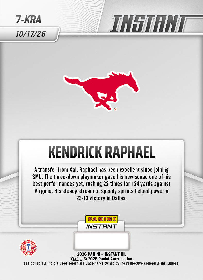 Product thumbnail image 2 of Kendrick Raphael - 2026 Panini Instant NIL College Football #7-KRA - Base Card