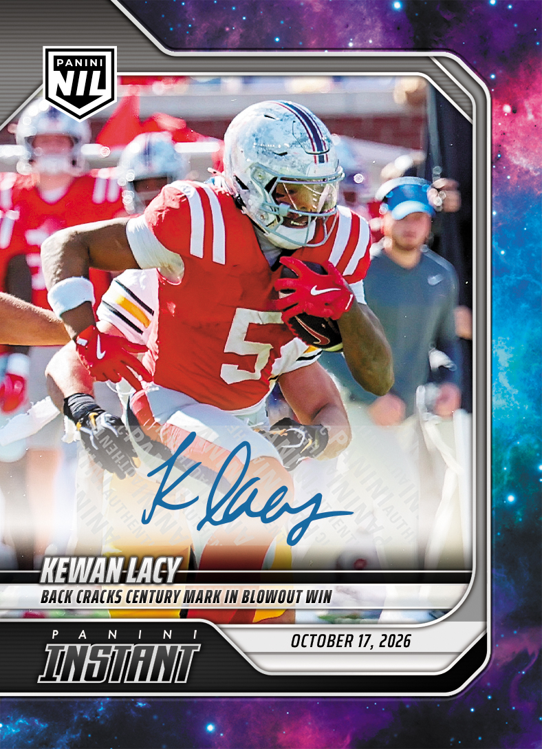 Detailed Image of Kewan Lacy - 2026 Panini Instant NIL College Football #7-LCA - Galaxy 1/1 Auto