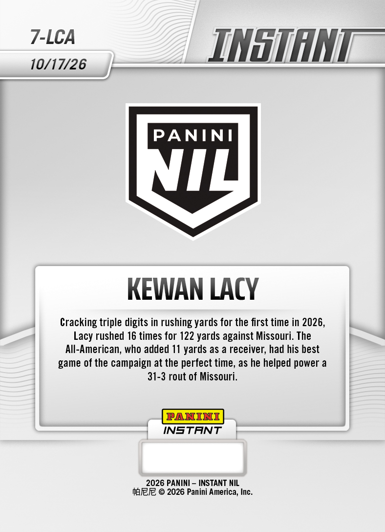 Product thumbnail image 2 of Kewan Lacy - 2026 Panini Instant NIL College Football #7-LCA - Base Card 5-pack