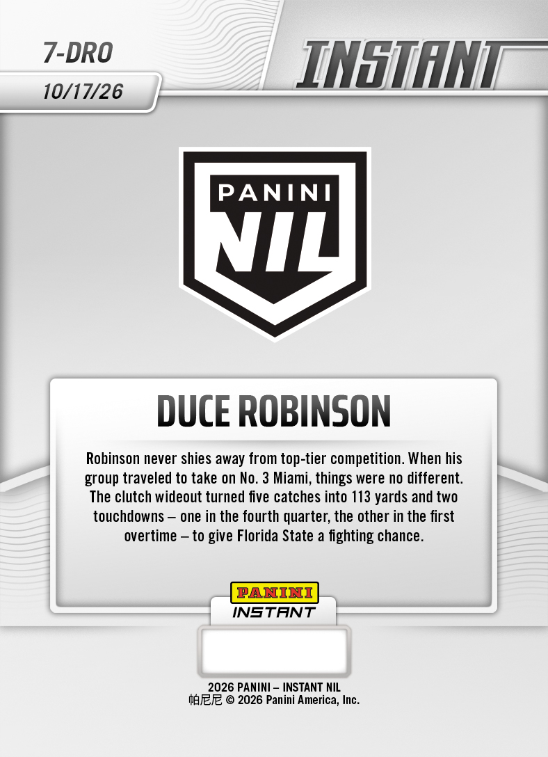 Product thumbnail image 2 of Duce Robinson - 2026 Panini Instant NIL College Football #7-DRO - Base Card 5-pack