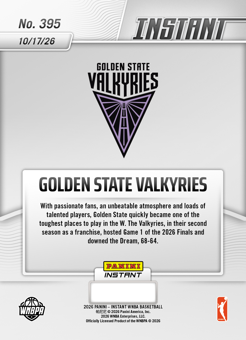 Product thumbnail image 2 of Golden State Valkyries - 2026 Panini Instant WNBA #395 - Base Card 25-pack