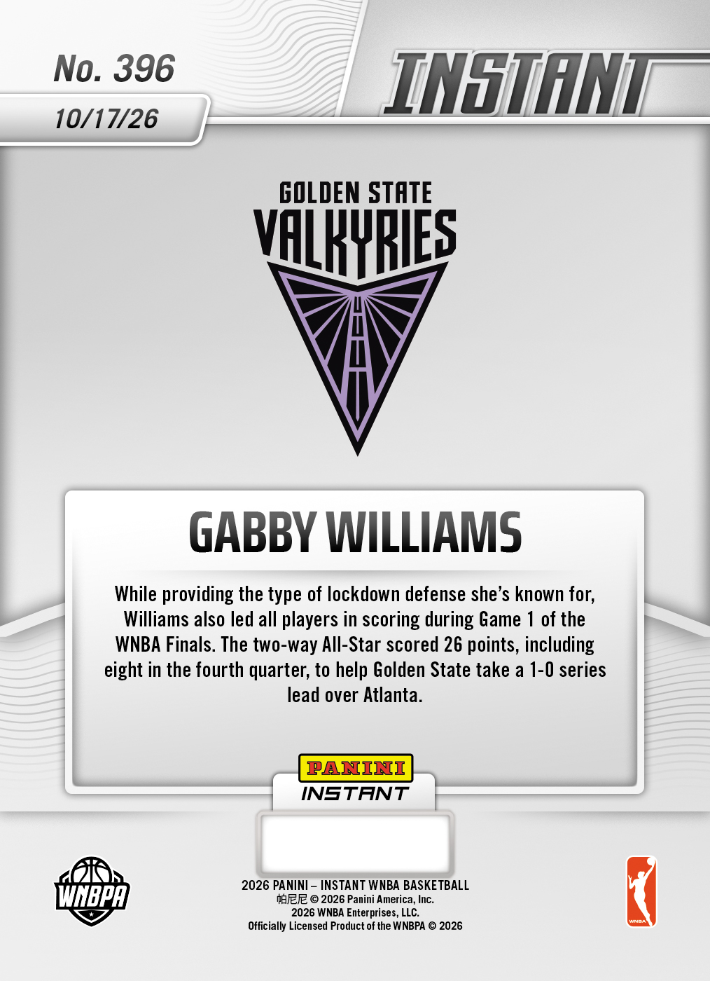 Product thumbnail image 2 of Gabby Williams - 2026 Panini Instant WNBA #396 - Base Card 10-pack