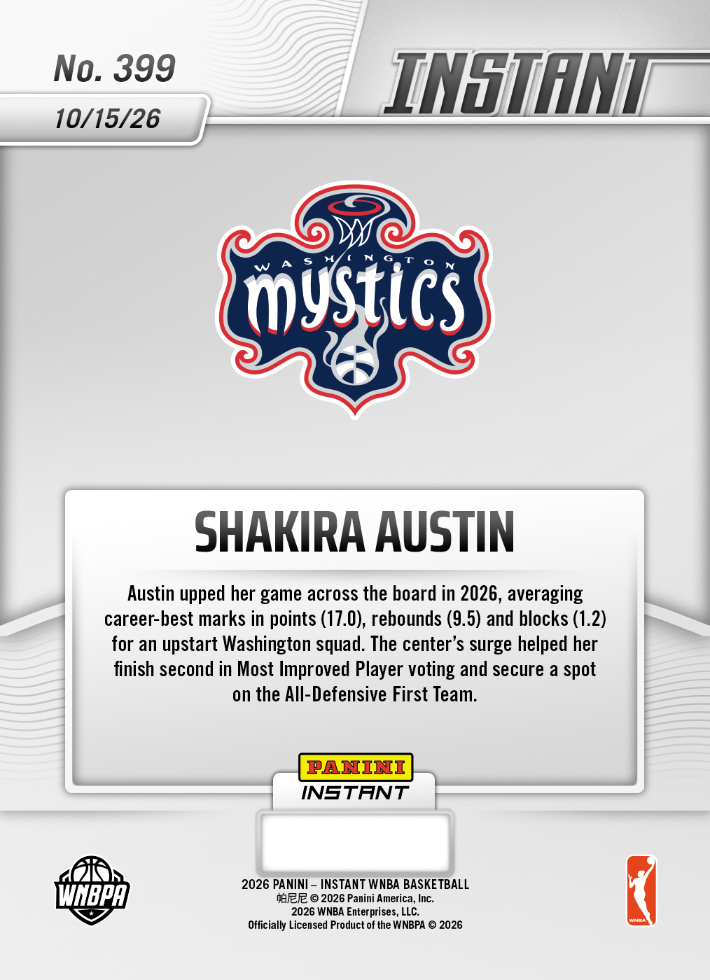 Product thumbnail image 2 of Shakira Austin - 2026 Panini Instant WNBA #399 - Base Card 25-pack