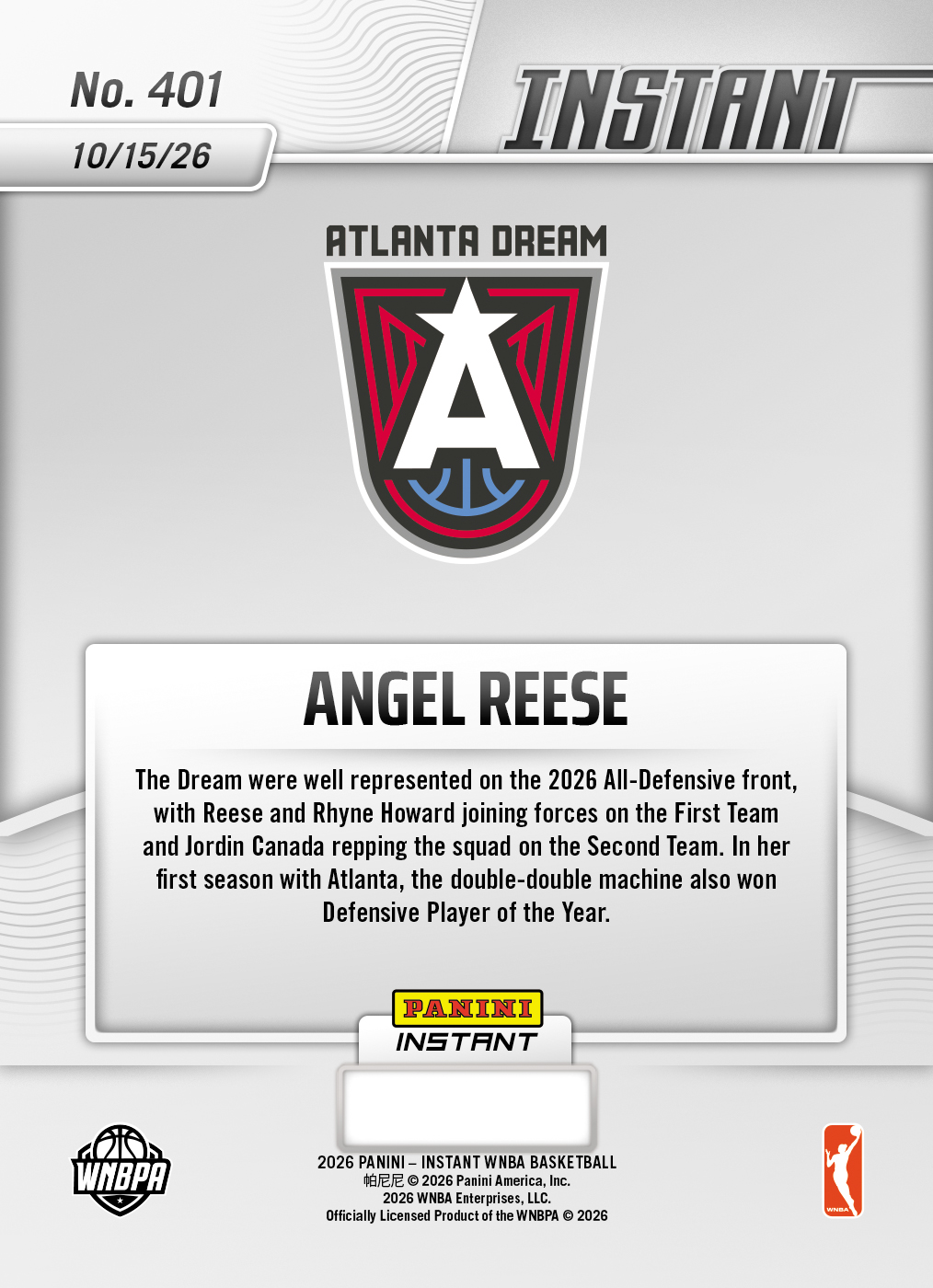 Product thumbnail image 2 of Angel Reese - 2026 Panini Instant WNBA #401 - Base Card 10-pack